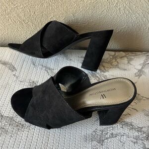 Worthington Black Velvet Open Toe Block Heel Slip On size 6